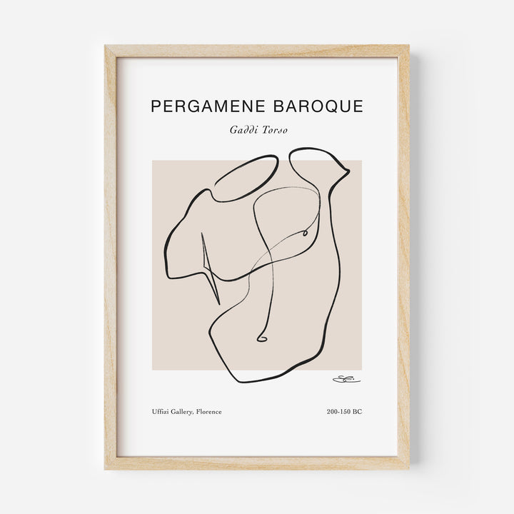 Hand drawn minimalist line art of a male torso, with the title Pergamene Baroue