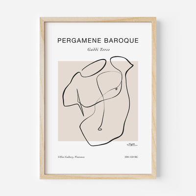 Hand drawn minimalist line art of a male torso, with the title Pergamene Baroue