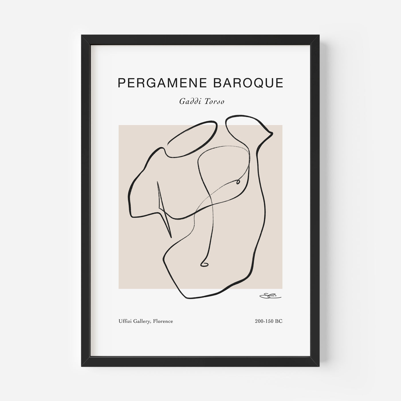 Hand drawn minimalist line art of a male torso, with the title Pergamene Baroque