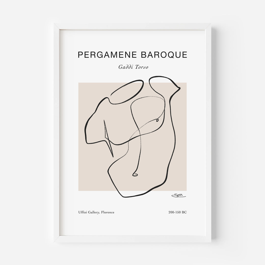 Hand drawn minimalist line art of a male torso, with the title Pergamene Baroque