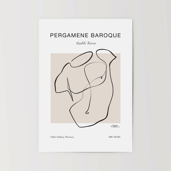 Hand drawn minimalist line art of a male torso, with the title Pergamene Baroque